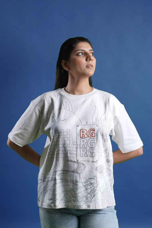 White oversized printed T shirt